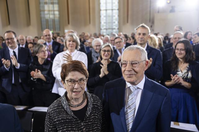 19 October 2025, Hesse, Frankfurt/Main: Historian and publicist Karl Schloegel (R) and Sonja Margolina attend an event at St. Paul's Church. The award, presented annually since 1950, is traditionally given at the close of the Book Fair. Photo: Hannes P. Albert/dpa pool/dpa
