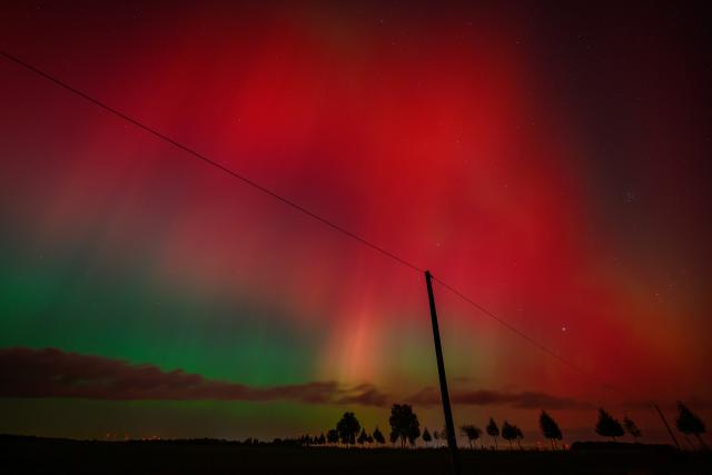 FILED - 10 October 2024, Brandenburg, Lietzen: Northern lights shine in the night sky over the landscape in eastern Brandenburg. Photo: Patrick Pleul/dpa