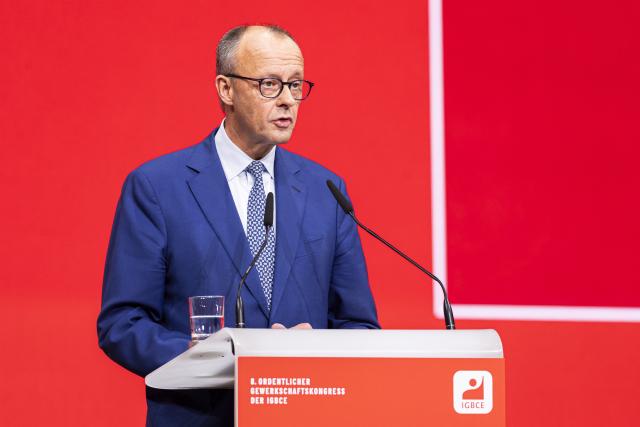 20 October 2025, Lower Saxony, Hanover: German Chancellor Friedrich Merz speaks at the congress of the German Mining, Chemical and Energy Industrial Union (IGBCE) at the Hanover Congress Centrum (HCC). Photo: Michael Matthey/dpa