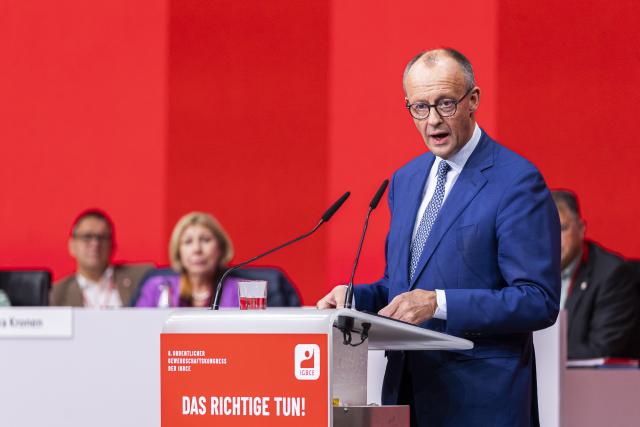 20 October 2025, Lower Saxony, Hanover: German Chancellor Friedrich Merz speaks at the congress of the German Mining, Chemical and Energy Industrial Union (IGBCE) at the Hanover Congress Centrum (HCC). Photo: Michael Matthey/dpa