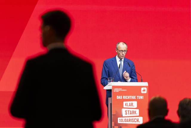 20 October 2025, Lower Saxony, Hanover: German Chancellor Friedrich Merz speaks at the congress of the German Mining, Chemical and Energy Industrial Union (IGBCE) at the Hanover Congress Centrum (HCC). Photo: Michael Matthey/dpa