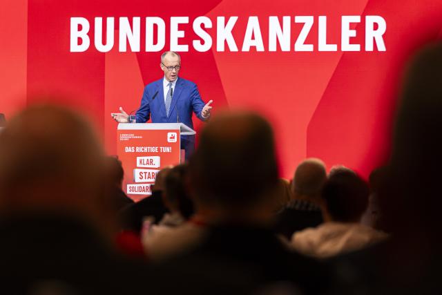 20 October 2025, Lower Saxony, Hanover: German Chancellor Friedrich Merz speaks at the congress of the German Mining, Chemical and Energy Industrial Union (IGBCE) at the Hanover Congress Centrum (HCC). Photo: Michael Matthey/dpa