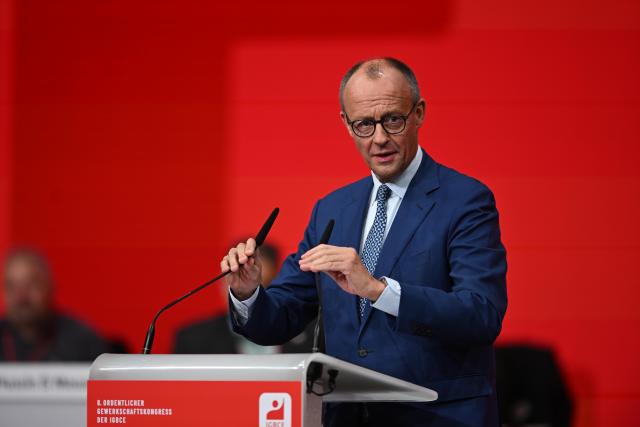 20 October 2025, Lower Saxony, Hanover: German Chancellor Friedrich Merz speaks at the congress of the German Mining, Chemical and Energy Industrial Union (IGBCE) at the Hanover Congress Centrum (HCC). Photo: Shireen Broszies/dpa