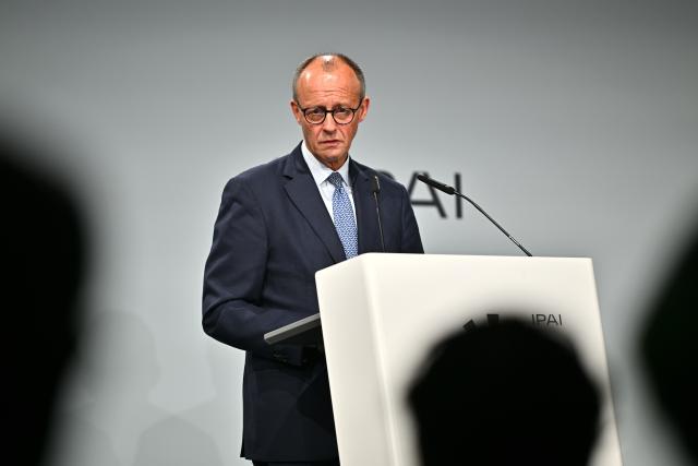 21 October 2025, Baden-Württemberg, Heilbronn: German Chancellor Friedrich Merz speaks on stage at the ground-breaking ceremony for the IPAI Campus during his inaugural visit to the state. Photo: Jan-Philipp Strobel/dpa