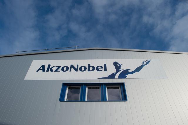 FILED - 24 October 2017, Saxony-Anhalt, Bitterfeld-Wolfen: A general view of the logo of Dutch paint and coating maker Akzo Nobel NV on the facade of it's office. Photo: Klaus-Dietmar Gabbert/dpa-Zentralbild/dpa