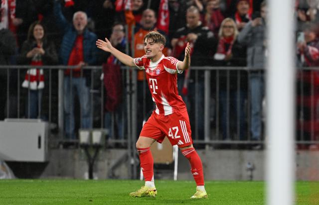 22 October 2025, Bavaria, Munich: Bayern Munich's Lennart Karl celebrates scoring his side's first goal during the UEFA Champions League soccer match between Bayern Munich and FC Bruges at Allianz Arena. Photo: Sven Hoppe/dpa