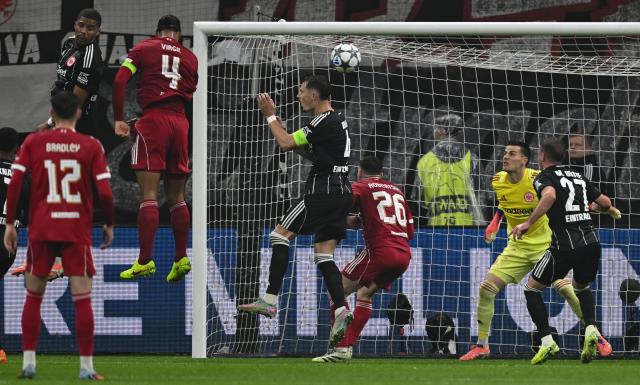 22 October 2025, Hesse, Frankfurt_Main: Liverpool's Virgil van Dijk scores his side's second goal during the UEFA Champions League soccer match between Eintracht Frankfurt and Liverpool FC at the Deutsche Bank Park. Photo: Arne Dedert/dpa