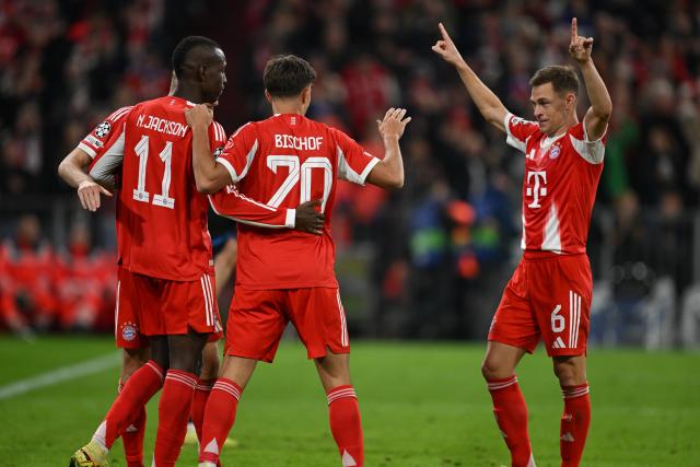 22 October 2025, Bavaria, Munich: Bayern Munich's Nicolas Jackson celebrates after scoring his side's fourth goal during the UEFA Champions League soccer match between Bayern Munich and FC Bruges at Allianz Arena. Photo: Sven Hoppe/dpa