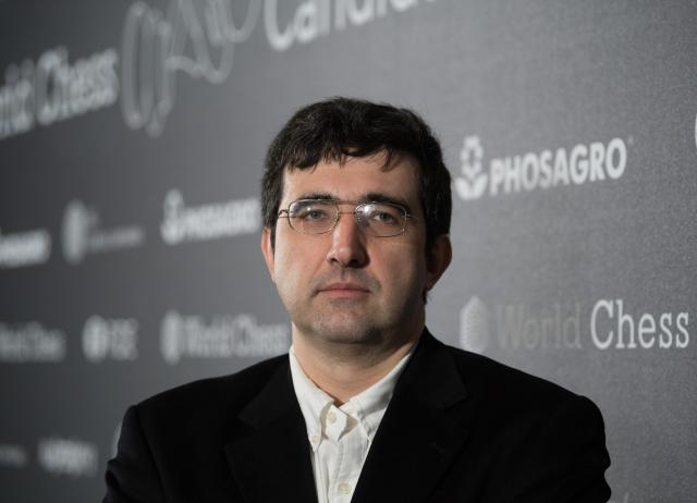FILED - 09 March 2018, Berlin: Vladimir Kramnik, Russian chess champion, appears at a press conference of 'FIDE World Chess Candidates Tournament'. The International Chess Federation (FIDE) on Wednesday said it would look at public comments made by former world champion Vladimir Kramnik before and after the death of US chess grandmaster Daniel Naroditsky. Photo: Soeren Stache/dpa