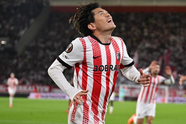 23 October 2025, Baden-Württemberg, Freiburg im Breisgau: Freiburg's Yuito Suzuki celebrates scoring his side's first goal during the UEFA Europa League soccer match between SC Freiburg and FC Utrect at Europa-Park stadium. Photo: Harry Langer/dpa