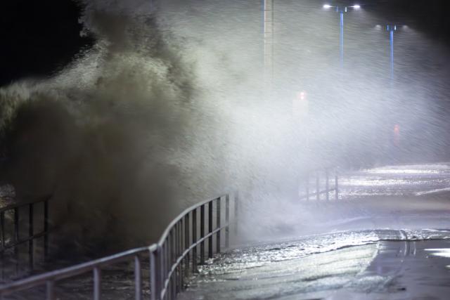 24 October 2025, Schleswig-Holstein, Dagebüll: Water from the North Sea presses against the ferry port of Dagebüll during a storm, as storm depression 'Joshua' passes over Germany as an autumn storm. Photo: Bodo Marks/dpa