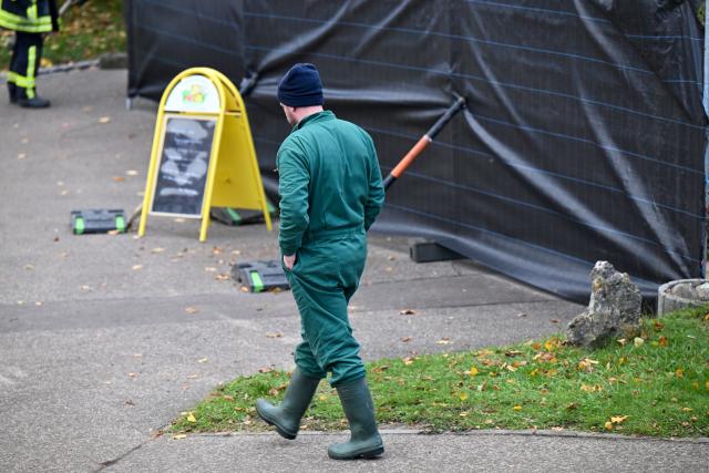 24 October 2025, Baden-Wuerttemberg, Oellingen: A worker in a protective suit walks along a barrier at a poultry farm. Around 15,000 animals had to be killed following the outbreak of avian flu at the poultry farm in Oellingen. Avian influenza, also known as bird flu, has now spread across almost all of Germany. Photo: -/dpa