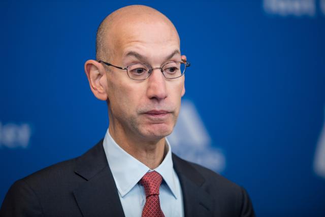 FILED - 08 October 2014, Berlin: Then NBA commissioner Adam Silver speaks during a press conference prior to the NBA Global Games match between Alba Berlin and San Antonio Spurs at O2 World in Berlin. NBA boss Adam Silver spoke publicly for the first time about the unexpected arrests of Portland Trail Blazers coach Chauncey Billups and Miami Heat player Terry Rozier that sent shock waves through the basketball league. Photo: picture alliance / dpa