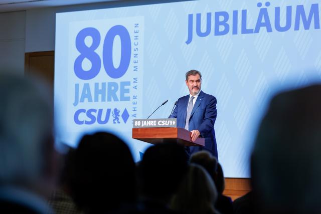25 October 2025, Bavaria, Munich: Markus Soeder, Christian Social Union (CSU) party chairman and Minister President of Bavaria, speaks during the CSU 80th anniversary celebrations. Photo: Matthias Balk/dpa