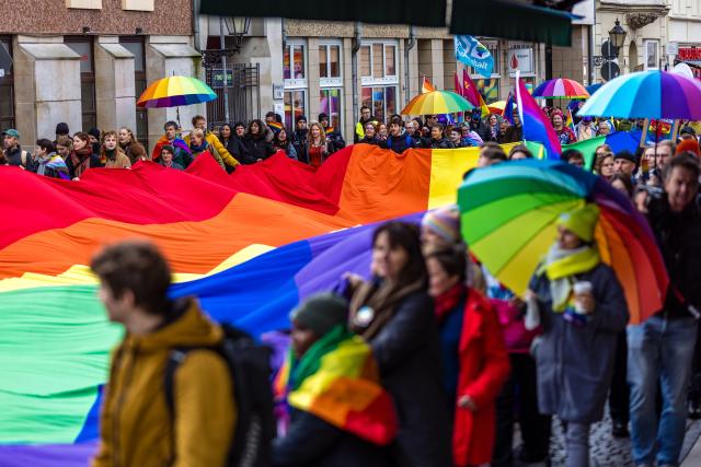 25 October 2025, Brandenburg, Cottbus: People take part in the 17th Christopher Street Day (CSD) demonstration for Cottbus and Lower Lusatia under the motto "United in peace and diversity". Photo: Frank Hammerschmidt/dpa