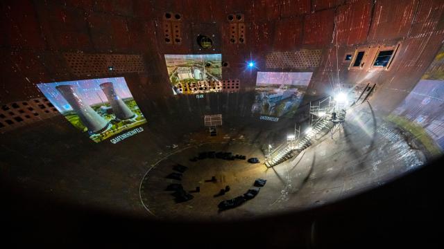 27 October 2025, Lower Saxony, Stade: An interior view of the reactor shell of the Stade nuclear power plant, which was shut down years ago. Under the title "Orbitale", images and sound will combine in a unique way with the structure, which was originally used for industrial purposes. Photo: Sina Schuldt/dpa