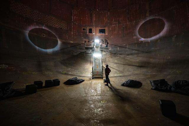 27 October 2025, Lower Saxony, Stade: An interior view of the reactor shell of the Stade nuclear power plant, which was shut down years ago. Under the title "Orbitale", images and sound will combine in a unique way with the structure, which was originally used for industrial purposes. Photo: Sina Schuldt/dpa