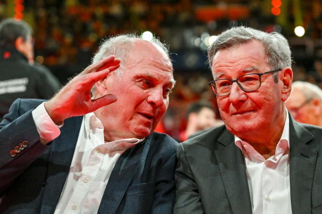 02 November 2025, Bavaria, Munich: FC Bayern Munich Honorary President Uli Hoeness talks to  Karl Hopfner ahead of the club's annual General Meeting. Photo: Harry Langer/dpa