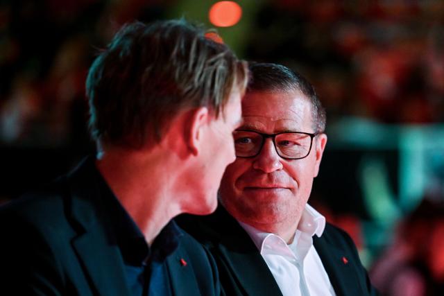 02 November 2025, Bavaria, Munich: FC Bayern Munich's Sports Director Christoph Freund (L) and Chief Sports Officer Max Eberl attend the club's annual General Meeting. Photo: Harry Langer/dpa