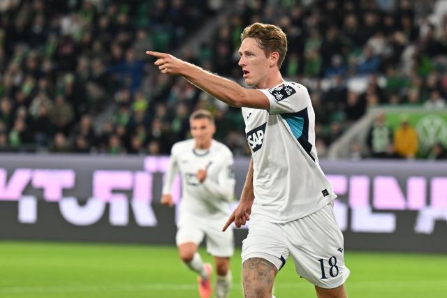 02 November 2025, Lower Saxony, Wolfsburg: Hoffenheim's Wouter Burger celebrates scoring his side's first goal during the German Bundesliga soccer match between VfL Wolfsburg and TSG Hoffenheim at the Volkswagen Arena. Photo: Swen Pförtner/dpa - IMPORTANT NOTICE: DFL and DFB regulations prohibit any use of photographs as image sequences and/or quasi-video.