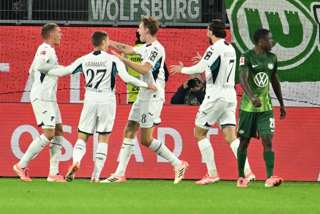 02 November 2025, Lower Saxony, Wolfsburg: Hoffenheim's Grischa Proemel celebrates his goal during the German Bundesliga soccer match between VfL Wolfsburg and TSG Hoffenheim at the Volkswagen Arena. Photo: Swen Pförtner/dpa - IMPORTANT NOTICE: DFL and DFB regulations prohibit any use of photographs as image sequences and/or quasi-video.