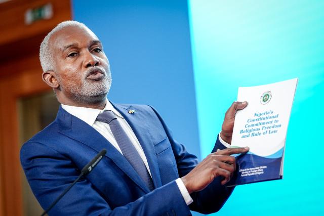 04 November 2025, Berlin: Foreign Minister of Nigeria, Yusuf Tuggar speaks during a press conference on the sidelines of the plenary session of the Binational German-Nigerian Commission. Photo: Kay Nietfeld/dpa