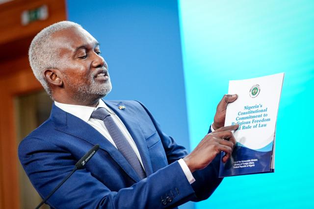04 November 2025, Berlin: Foreign Minister of Nigeria, Yusuf Tuggar speaks during a press conference on the sidelines of the plenary session of the Binational German-Nigerian Commission. Photo: Kay Nietfeld/dpa