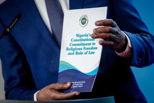 04 November 2025, Berlin: Foreign Minister of Nigeria, Yusuf Tuggar speaks during a press conference on the sidelines of the plenary session of the Binational German-Nigerian Commission. Photo: Kay Nietfeld/dpa
