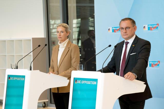 04 November 2025, Berlin: Parliamentary group and federal chair of the Alternative for Germany (AfD) Alice Weidel (L) and and AfD co-chair Tino Chrupalla give a statement before the parliamentary group meeting. Photo: Alicia Windzio/dpa