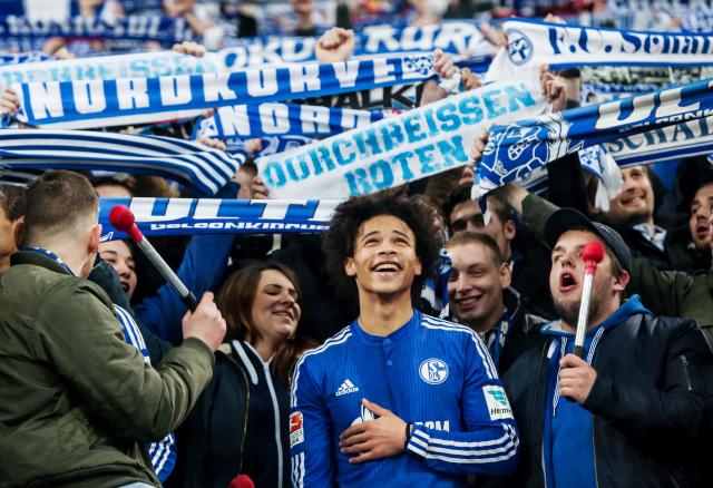 FILED - 03 December 2015, North Rhine-Westphalia, Gelsenkirchen: Then Schalke's Leroy Sane (C) celebrates with fans after the German Bundesliga soccer match between FC Schalke 04 and Hannover 96 at the Veltins-Arena. Leroy Sanereturned as Germany coach Julian Nagelsmann announced a 25-player squad on Thursday for their final World Cup qualifiers in Luxembourg and against Slovakia. Photo: Maja Hitij/dpa