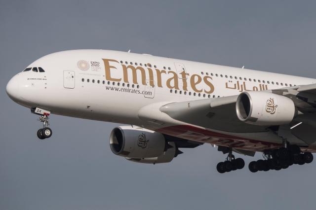 FILED - 14 February 2019, Hessen, Frankfurt/Main: An Airbus A-380 from Emirates lands at Frankfurt Airport. Photo: Boris Roessler/dpa