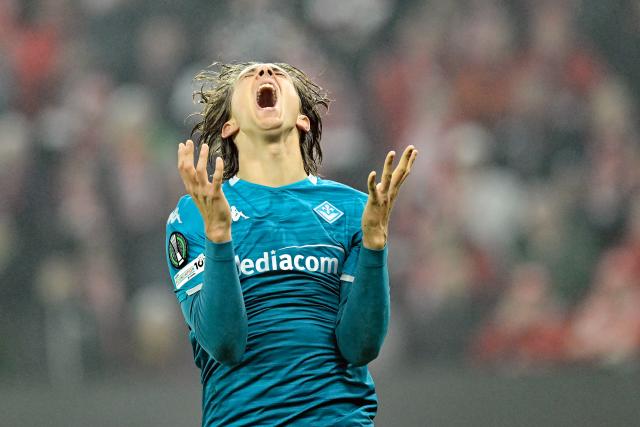 06 November 2025, Rhineland-Palatinate, Mainz: Fiorentina's Jacopo Fazzini reacts during UEFA Europa Conference League soccer match between FSV Mainz 05 and ACF Fiorentina Mewa Arena. Photo: Uwe Anspach/dpa
