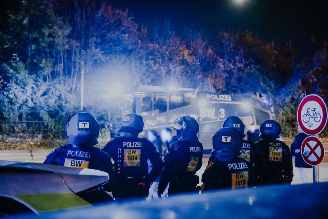 06 November 2025, Baden-Wuerttemberg, Stuttgart: A police water cannon is deployed outside MHPArena during the UEFA Europa League soccer match between VfB Stuttgart and Feyenoord Rotterdam. Photo: Enrique Kaczor/onw-images/dpa