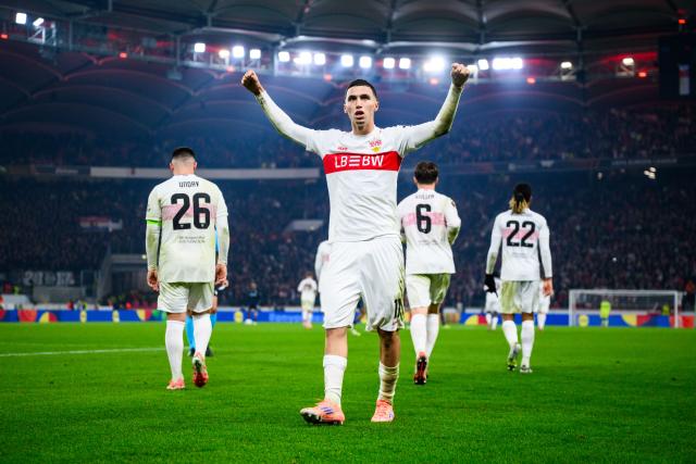 06 November 2025, Baden-Wuerttemberg, Stuttgart: Stuttgart's Bilal El Khannouss celebrates scoring his side's first goal during the UEFA Europa League soccer match between VfB Stuttgart and Feyenoord Rotterdam at MHPArena. Photo: Tom Weller/dpa