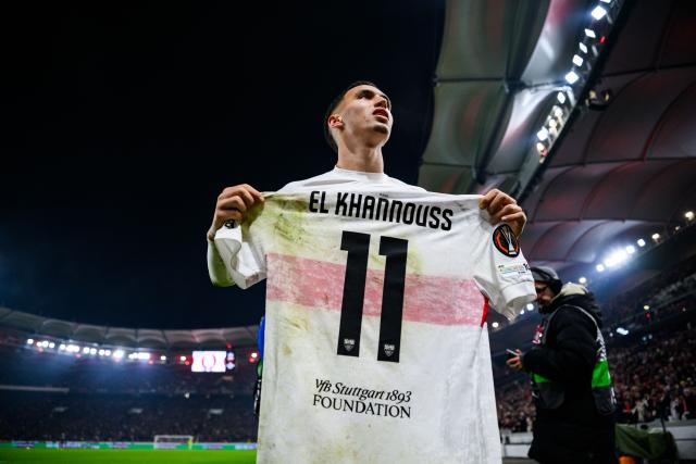 06 November 2025, Baden-Wuerttemberg, Stuttgart: Stuttgart's Bilal El Khannouss celebrates scoring his side's first goal during the UEFA Europa League soccer match between VfB Stuttgart and Feyenoord Rotterdam at MHPArena. Photo: Tom Weller/dpa