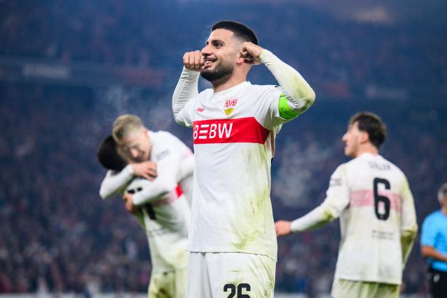 06 November 2025, Baden-Wuerttemberg, Stuttgart: Stuttgart's Deniz Undav celebrates scoring his side's second goal during the UEFA Europa League soccer match between VfB Stuttgart and Feyenoord Rotterdam at MHPArena. Photo: Tom Weller/dpa