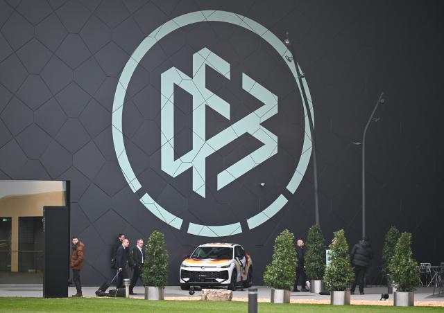 07 November 2025, Hesse, Frankfurt/Main: The redesigned DFB logo is emblazoned on the façade of the German Football Association (DFB) campus ahead of the 45th National Conference of the DFB. Photo: Arne Dedert/dpa