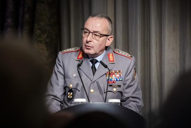 07 November 2025, Berlin: Carsten Breuer, Inspector General of the German Bundeswehr, speaks during the German Armed Forces conference in Berlin. Photo: Christoph Soeder/dpa