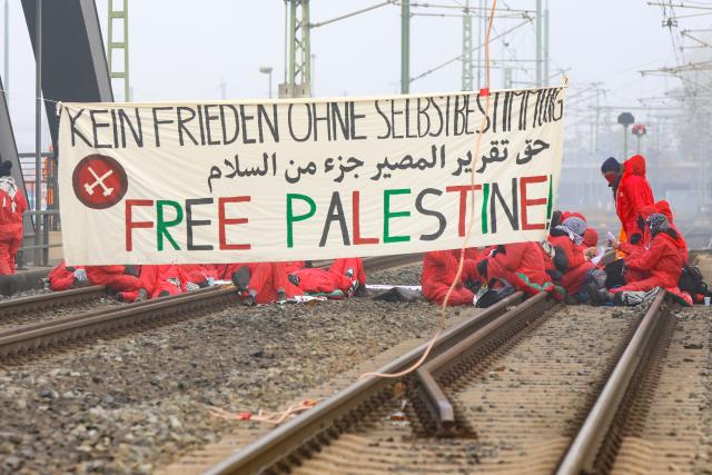 07 November 2025, Hamburg: Activists from the "Ende Gelaende" group and Palestine solidarity groups hold a large banner while occupying rail tracks on the Waltershofer Bridge in the port of Hamburg, calling for a stop to arms exports to Israel. Photo: Bodo Marks/dpa