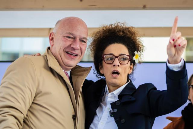 08 November 2025, Berlin: Kai Wegner, Governing Mayor of Berlin, and Masih Alinedschad, Iranian activist, embrace at the opening of Berlin Freedom Week in front of the House of Representatives. Photo: Christoph Soeder/dpa
