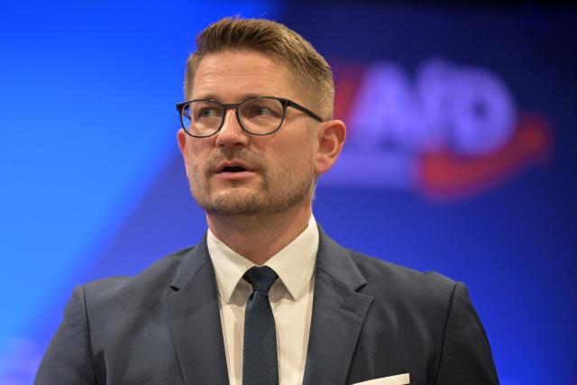 08 November 2025, Brandenburg, Brandenburg an der Havel: Rene Springer, state chairman of the Alternative for Germany (AfD) Brandenburg, attends the state party conference at the Stahlpalast Brandenburg. Photo: Michael Bahlo/dpa
