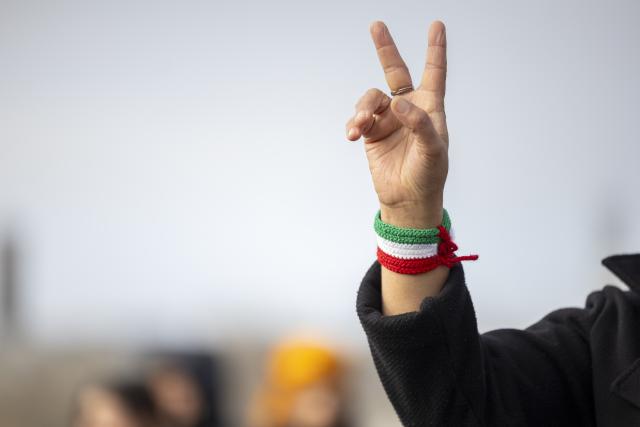 08 November 2025, Nordrhein-Westfalen, Cologne: A participant in the large-scale Kurdish demonstration in Cologne shows the Victory sign Photo: Thomas Banneyer/dpa