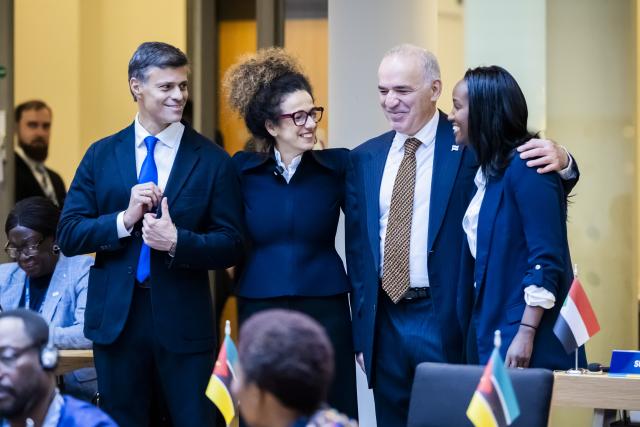 08 November 2025, Berlin: (L-R) Leopoldo Lopez, Secretary General of the World Liberty Congress and Venezuelan opposition politician, Masih Alinejad, President of the World Liberty Congress and Iranian activist, Garry Kasparov, Vice President of the World Liberty Congress and activist, and Carine Kanimba, spokeswoman of the World Liberty Congress, arrive for the opening session of the World Liberty Congress at the Berlin House of Representatives, marking the start of Berlin Freedom Week. Photo: Christoph Soeder/dpa
