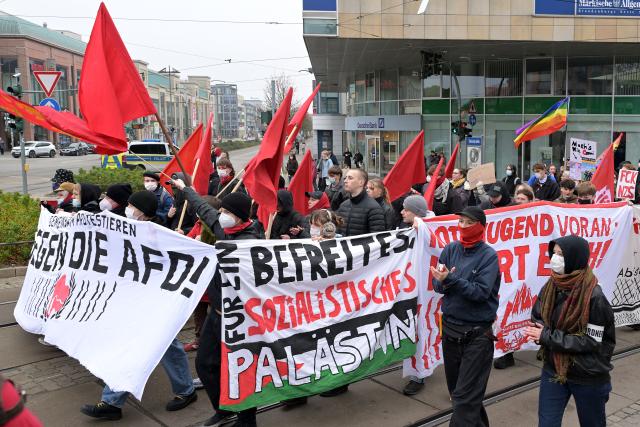 08 November 2025, Brandenburg, Brandenburg an der Havel: Around 350 people march through the city center to protest against the Alternative for Germany's (AfD) policies. Photo: Michael Bahlo/dpa