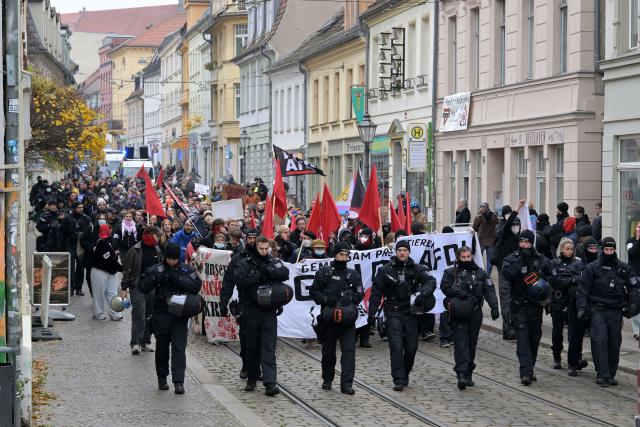 08 November 2025, Brandenburg, Brandenburg an der Havel: Around 350 people march through the city center to protest against the Alternative for Germany's (AfD) policies. Photo: Michael Bahlo/dpa