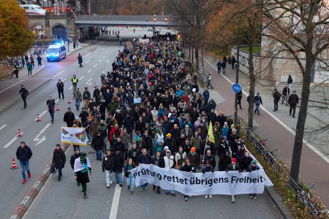 08 November 2025, Hamburg: People take part in a demonstration for the nationwide campaign "Order must be maintained: Right-wing extremist parties to the Basic Law 'TUeV'!". The nationwide campaign initiated by PRueF.de demands that all parties classified by the Office for the Protection of the Constitution as suspected or confirmed right-wing extremists be reviewed by the Federal Constitutional Court. Photo: Georg Wendt/dpa