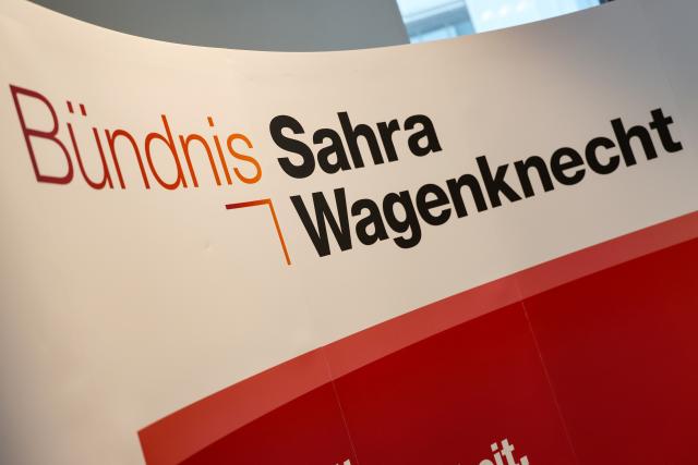 FILED - 16 November 2024, Ingolstadt: The Sahra Wagenknecht Alliance lettering on a stand. Photo: Daniel Löb/dpa
