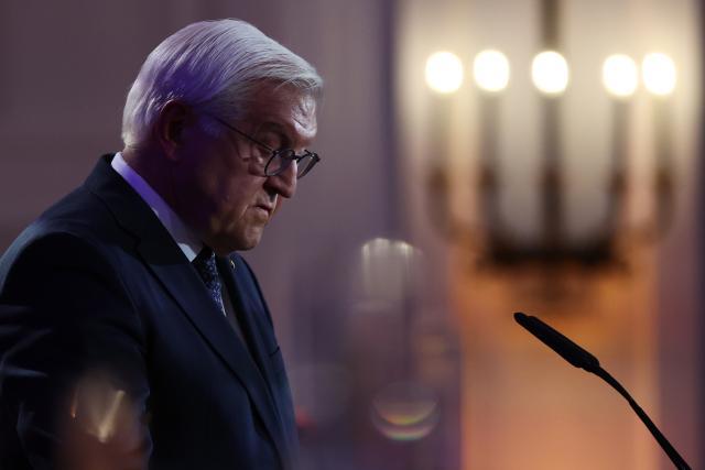 09 November 2025, Berlin: German President Frank-Walter Steinmeier delivers a speech on current threats to democracy at his residence Schloss Bellevue in Berlin, Germany, on the anniversary of the fall of the Berlin Wall in 1989, the 1938 Nazi anti-Jewish pogrom and the proclamation of the republic after the First World War in 1918. Photo: Maryam Majd/Pool AP/dpa