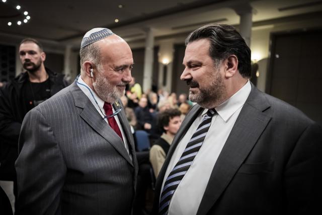 09 November 2025, Berlin: Ambassador of Israel to Germany Ron Prosor (L) talks with Chairman of the Jewish Community of Berlin Gideon Joffe at a commemoration ceremony in memory of the victims of the November 1938 pogroms at the Jewish Community Center in Berlin's Charlottenburg district. Every year on November 9, the day commemorating the Night of Broken Glass, Germany remembers the persecuted Jews whose homes, businesses, synagogues and cemeteries were looted and desecrated between November 7 and 13, 1938. Photo: Christoph Soeder/dpa