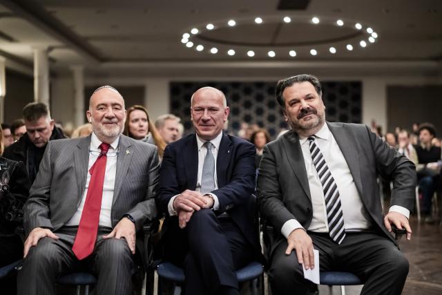 09 November 2025, Berlin: (L-R) Ambassador of Israel to Germany Ron Prosor, Governing Mayor of Berlin Kai Wegner and Chairman of the Jewish Community of Berlin Gideon Joffe take part in a commemoration ceremony in memory of the victims of the November 1938 pogroms at the Jewish Community Center in the Charlottenburg district of Berlin. Every year on November 9, the day commemorating the Night of Broken Glass, Germany remembers the persecuted Jews whose homes, businesses, synagogues and cemeteries were looted and desecrated between November 7 and 13, 1938. Photo: Christoph Soeder/dpa